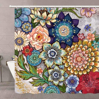 Neasow Boho-Duschvorhänge mit Blumenmuster für Badezimmer, heller Stoff, Blüten-Duschvorhang mit 12 Haken, mehrfarbig 183 x 183 cm