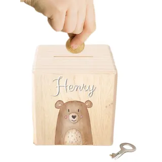 wunderwunsch Personalisierte Kinderspardose, Spardose Junge, Mädchen | Holzspardose Kinder personalisiert, Taufgeschenke für Kind, Baby Geschenk Geburt, Holz Sparschwein mit Schlüssel