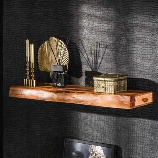 RINGO-Living Massivholz Schweberegal Baumkante in Natur-dunkel, Holzregal 100 cm breit, Echtholz Landhaus Wandregal aus Akazienholz, Massiv Schlichtes Holz, Natur Holzbrett Wand