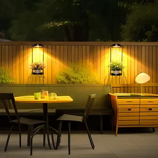 CNAPXAIA Solare Blumenständer mit LED Pflanzenlicht, IP44 Wassergeschütztes Metall Pflanzenständer Outdoor, 3 Farbmodi Wandregal für Blumentöpfe auf Terrasse Balkon Garten, 2 Stück