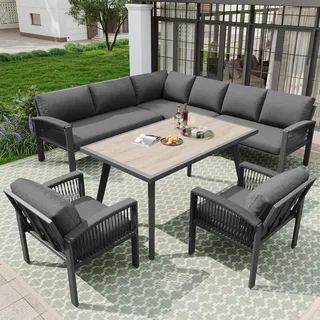 Garten-Lounge-Set, Gartensofa,Möbelset für 8 Personen, Seilwerk, großer Tisch mit Holzmaserung, verstellbare Beine, Sitz Rückenkissen inklusive... - Grau