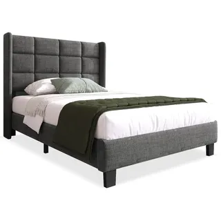 OKWISH Polsterbett 90×200 Grau Stoffbett mit hohem Kopfteil, Lattenrost, stabilem Rahmen und modernem Design, Doppelbett ohne Boxspring