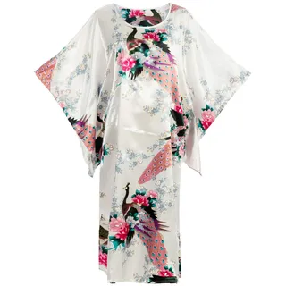 Asiatisches Kimono-Kleid, Blume, Pfau, Satin, Seide, Nachthemd, Einheitsgröße, passend für die meisten Morgenmantel - Weiß - Einheitsgröße - Einheitsgröße
