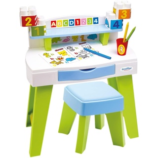 Ecoiffier – Mein erster Schreibtisch – Kinderschreibtisch mit Malvorlagen, Bauklötzen, Hocker, Stiftebecher, Schublade, für Kinder ab 1 Jahr