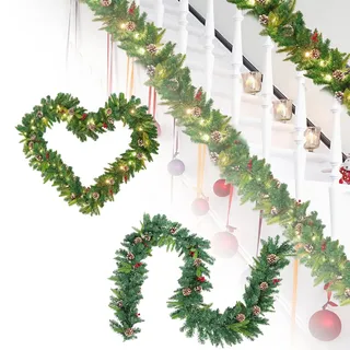 HENGMEI 5M Weihnachtsgirlande Tannengirlande mit Beleuchtung Weihnachtsdeko Girlande Künstliche Weihnachtskranz(Mit Lichterkette, 500cm)
