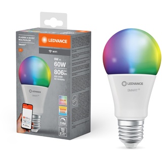 LEDVANCE E27 LED Lampe, Smart Home Wifi Leuchtmittel mit 9 W (806Lumen) ersetzt 60 W Glühbirne, dimmbar, RGBW Lichtfarbe (2700-6500K), kompatibel mit Alexa, google oder App, Lampen im 1er-Pack