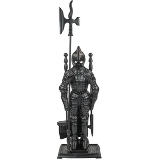 Raik Kaminbesteck Ritter Hubert Kamingarnitur aus Gusseisen schwarz Statuenform mit Kaminschaufel Kaminbesen Schürhaken Hellebarde Kaminständer 72 cm Höhe 4-teilig
