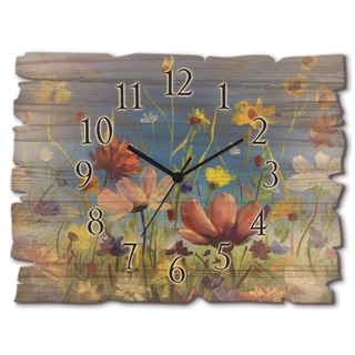 ARTLAND Wanduhr ohne Tickgeräusche aus Holz Quarz Uhr lautlos 40x30 cm Rechteckig Blumenwiese Blumen Frühling Blüten Himmel Bunt U1QU