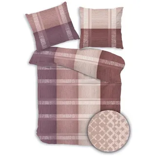 DOBNIG Bettwäsche Flanell, Flanell, 3 teilig, Karo, aubergine, rosa rosa