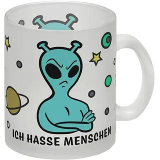 Glas Tasse mit lustigem Comic Alien Motiv - Ich hasse Menschen für schlecht gelaunte Menschen für die alle anderen Marsmännchen sind Außerirdischer im Cartoon Design Glas Tasse Ein