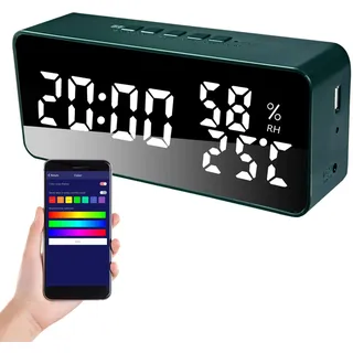 Buachois App Smart Wecker, Schlummerfunktion, einstellbare Helligkeit, Countdown-Funktion, 12/24-Stunden-Modus, Uhr, Datum, Temperatur, Luftfeuchtigkeit, elektronische Uhr (Dunkelgrün)