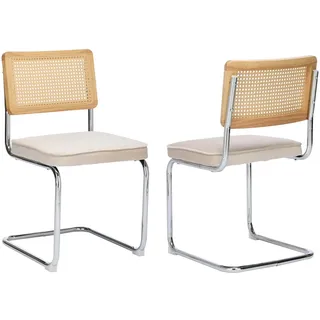 SoarTalent Breuer Esszimmerstühle 2er Set Samt Gepolsterter Stuhl mit Rattan Rückenlehne und Chrombasis ohne Armlehnen für Esszimmer, Kücheninsel (Beige)