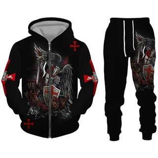 kewing Herren Trainingsanzug Set Ritter Templer 3D gedruckt Reißverschluss Hoodie und Jogginghose Mode Casual 2 Stück Set Sweatshirt Anzüge - M