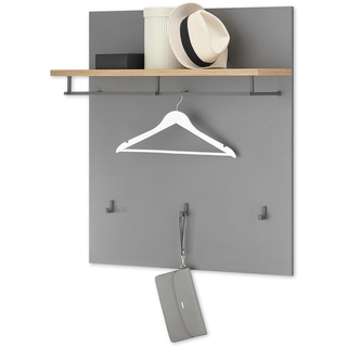 MILAN Garderobenpaneel in Grau, Artisan Eiche Optik - Moderne Hutablage mit zuverlässigen Wandhaken für Jacken & Taschen - 85 x 95 x 27 cm (B/H/T)