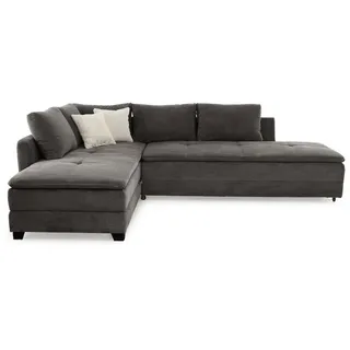 luma-home Ecksofa-Dauerschläfer, Doppelbett 306/223/95 cm Boxspring Federkern Ecksofa 306x223 Dauerschläfer, Bettkasten, Regal, Schwenkteil beidseitig montierbar, Cord Grau Anthrazit / 15163
