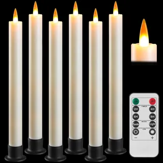 Elfenbein LED Stabkerzen 6er Set mit Fernbedienung, realistische Flackerflamme