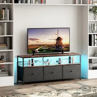 BRILVERDE LED TV Schrank mit 3 Schubladen aus Stoff, TV Lowboard mit offenem Stauraum, Fernsehschrank für Wohnzimmer, Aufbewahrungsschrank, 137x30x57cm (Schwarz A)