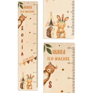 Kidsmood - Personalisierte Messlatte Kinder aus Holz – Hochwertige Messleiste & Wand-Deko für Baby- & Kinderzimmer mit zauberhaftem Boho Tiere – Tolles Taufgeschenk für Mädchen & Jungen - (65-140cm)