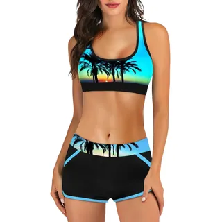 DeaAmyGline Sport Bikini Damen Set, Brazilian Bikini mit Shorts Damen Zweiteilig Badeanzug Große Größen Tankini Hawaii Strand Drucken Tank Top und Badeshorts Sportbikini Bademode Badeanzüge Swimsuit