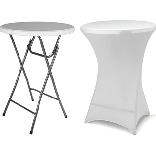 VCM, Gartentisch + Balkontisch, Partytisch Stehtisch klappbar mit Husse weiß Bistrotisch Bartisch 110 cm rund (80 cm)