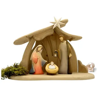 Akantus Krippe Weihnachtskrippe aus Holz: Hl. Familie (bemalt) mit Familienstall, holzgeschnitzt, handbemalt, Ahornholz, Made in Südtirol 17 cm