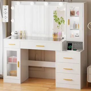 BEWISHOME Großer Schminktisch mit verstellbaren LED-Beleuchtung und Steckdosen,Schminktisch mit Spiegel,Glasplatte,Kosmetiktisch mit 5 Schubladen,Frisiertisch für Schlafzimmer Weißer EFST34W