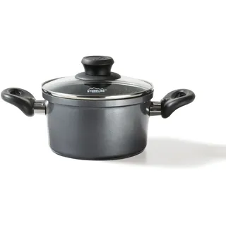 STONELINE Aluguss Kochtopf 18 cm, Kleiner Topf mit Deckel 2 L, Antihaft beschichtet mit echten Steinpartikeln, Kochtopf Induktion 18 cm, für alle Herdarten, Backofen, Kochen ohne Fett oder Öl, Grau