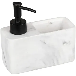 WENKO Spülmittelspender Mod. Resa Marmor, Seifenspender für die Küche in Marmoroptik mit praktischem Schwammfach, inklusive Spülschwamm, nachfüllbar, 150 ml, 14,5 x 14,3 x 6 cm, Weiß/Schwarz