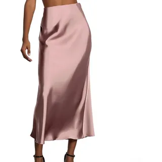 Damen Satinrock Hohe Taille Seide Einfarbig Röcke Übergröße A-Linie für Midi Reißverschluss Fischschwanz Röcke für Job Party Hohe Taille Meerjungfrau Rock Elegant Satin Maxi Rock (L Pink)