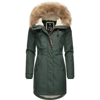 Winterjacke RAGWEAR "Tawny", Damen, Gr. L (40), grün (tannengrün), Außenmaterial: 65% Polyester, 35% Baumwolle. Innenfutter: 100% Polyester. Wattierung: 100% Polyester, tailliert ca. Mitte Oberschenkel, mit Knopf Rippstrickbündchen, Jacken Winterjacke, stylischer Winterparka mit großer Kapuze und Kunstfellkragen