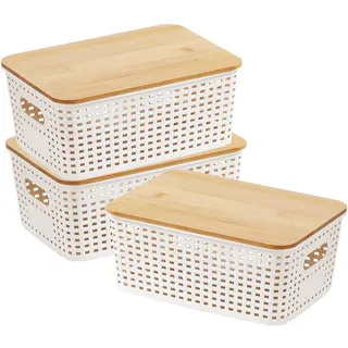 Kongming 3 Stücke Aufbewahrungsbox mit Bambus Deckel und Griff 5l Kunststoff Bad Organizer Klein Aufbewahrungskorb Weiß Kisten Boxen Aufbewahrung für Küche Badezimmer Schlafzimmer Balkon 25x18x10cm