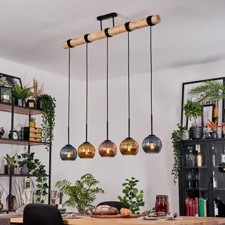 HOFSTEIN Pendelleuchte Koyoto, 5-flammige Hängelampe aus Metall/Holz/Riffelglas in Schwarz/Natur/Blau/Gold/Kupfer, Hängeleuchte im Boho/Retro-Design mit Holzstab, E27, Esszimmer, Küche, Wohnzimmer
