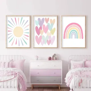 Jssevn – 3er-poster-set, Kinderzimmer-deko-poster, Mädchenzimmer-deko-bild, Regenbogenwolken-sonne-poster (ungerahmt), 30 X 21 Cm