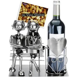 BRUBAKER Flaschenhalter Liebespaar auf Bank - Weinflaschenhalter Silber | Flaschenständer Metallfigur Liebe - Metall Skulptur Geschenk für Ehepaare mit Geschenkkarte