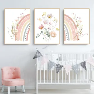 Herfair 3er Set Poster Regenbogen Blume Bilder Kinderzimmer Deko, Boho Wandposter, Bilder Set Junge Mädchen Babyzimmer Kinderbilder, Ohne Rahmen (40x50cm)