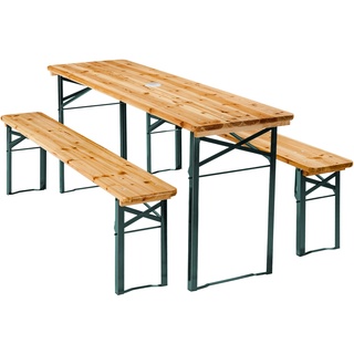 Tectake tectake® Bierzeltgarnitur Ludwig 3-teilig mit Sonnenschirmhalterung, klappbar und standfest, Holzlackierung mit Klarlack