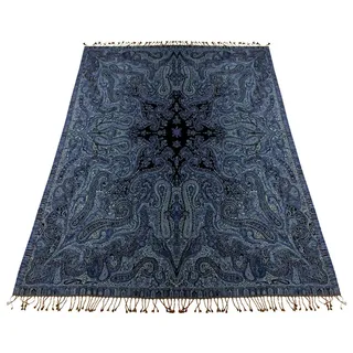 Lorenzo Cana Luxus Wolldecke jacquardgewebt aus feinster Wolle vom Merino - Lamm Paisley Blau Schwarz Goldgelb Wohndecke Gemustert Decke Wolle Sofadecke Kuscheldecke Plaid 140 cm x 200 cm 96262