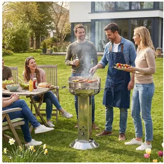TLGREEN Holzkohlegrill Wetterfester Edelstahl 58*42*85cm, Säulengrill mit 4-fach höhenverstellbarem Grillrost, Aschekasten & Belüftung, Tragbarer BBQ Grill für Outdoor Camping Garten Balkon