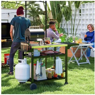 Outsunny Grillwagen Grilltisch mit klappbarem Tisch, Servierwagen mit 3 Etagen