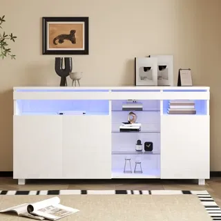 Dans Les Nuages - Sideboard 155 cm, rechteckig, mit led, 3 Türen, Stauraum, verstellbare Glasböden, glänzend, modern, Wohnzimmermöbel aus Holz – Weiß