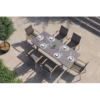 KETTLER Granada Garten-Essgruppe, silber, Alu/Textilene, Tisch 180/240x100cm, 6 Stapelsessel