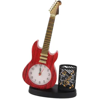 Dekorative Gitarrenuhr, 15.5 x 5 x 25cm Musik Wanduhr, Vintage Gitarren Wecker mit Stifthalter und Anspitzer Kreative Gitarrenform Schreibtischuhr Kunstwerk mit Stabile Basis Geschenk für Mitschüler