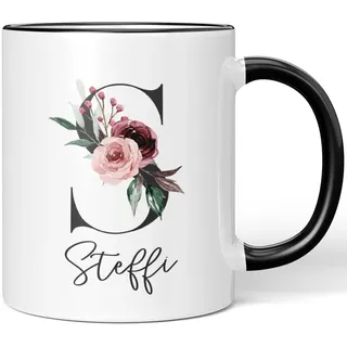 JUNIWORDS Tasse, Steffi, Name Anfangsbuchstabe Initial Alphabet Floral Buchstabe S Monogramm Motiv, Schwarz (5604336)