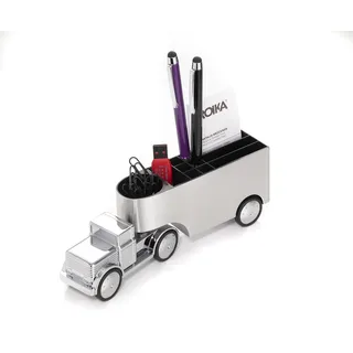 Troika Stifteköcher und Büroklammernhalter/Briefbeschwerer, LKW, Rückziehmotor, bewegliche Achse, Magnet für Büroklammern, Metallguss, verchromt, glänzend, silber