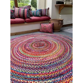 Second Nature Online Mehrfarbiger Teppich | Handgewebt | Geflochtener Stoffteppich | Umweltfreundlich: 100% Recycelter Stoff | Ethische Herkunft | Flachgewebe (Rund: 150 cm Durchmesser)