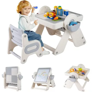 Fantask Kindersitzgruppe 6-in-1 mit Tisch und Stühlen 3-stufig höhenverstellbar grau/beige