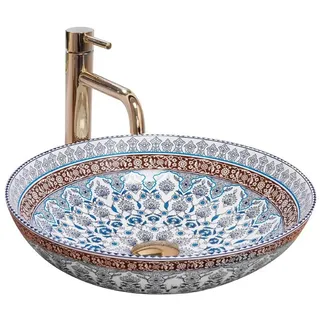 wohnwerk.idee Aufsatzwaschbecken Waschbecken Bunt Braun Blau Vintage Mexikanisch Ornamente Orientalisch blau