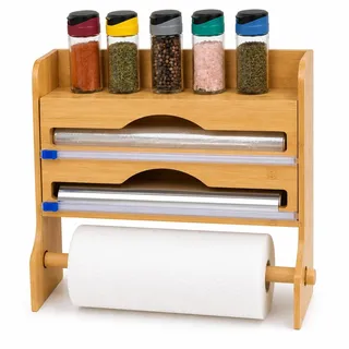ELECTROHOGAR Wandrollenhalter aus Holz mit Ablage | Küchenrollenhalter, Gewürzregal, Folienschneider, 4 Funktionen in 1