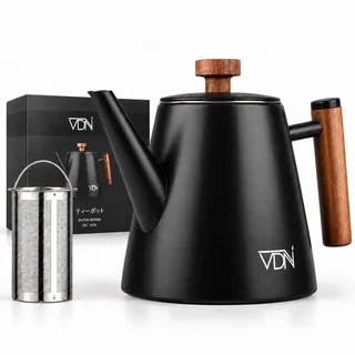 VDN Teekanne mit Siebeinsatz - Teapot [1L, 5-6 Tassen] - Teekanne Thermo, Edelstahl [Doppelwandig, bis zu 1h warm] - Teebereiter [für losen Tee, Ingwer & Kräutermischungen] - 904