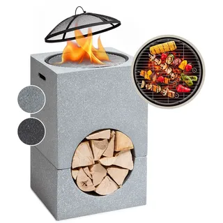 Feuerschale Grill 75 cm Feuerstelle Terrasse Korb Stahl Funkenschutz Hellgrau